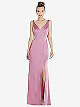 Rear View Thumbnail - Powder Pink Draped Cowl-Back Princess Line Dress with Front Slit