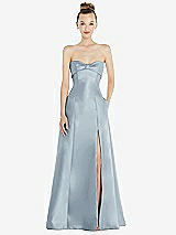 Front View Thumbnail - Mist Bow Cuff Strapless Satin Ball Gown with Pockets