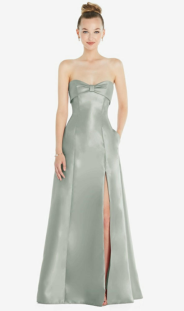 Front View - Willow Green Bow Cuff Strapless Satin Ball Gown with Pockets