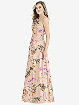 Side View Thumbnail - Butterfly Botanica Pink Sand Pleated Draped One-Shoulder Floral Satin Gown with Pockets