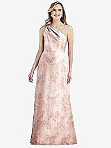 Front View Thumbnail - Bow And Blossom Print Pleated Draped One-Shoulder Floral Satin Gown with Pockets