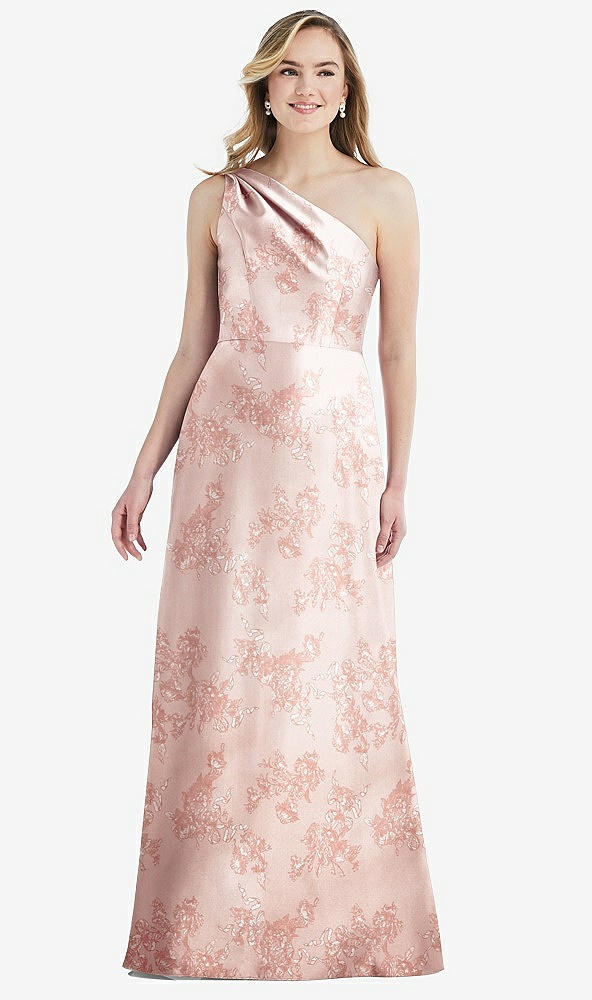 Front View - Bow And Blossom Print Pleated Draped One-Shoulder Floral Satin Gown with Pockets