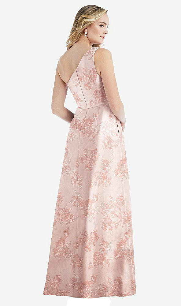 Back View - Bow And Blossom Print Pleated Draped One-Shoulder Floral Satin Gown with Pockets