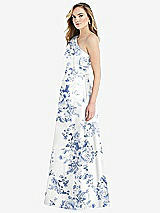 Side View Thumbnail - Cottage Rose Larkspur Pleated Draped One-Shoulder Floral Satin Gown with Pockets