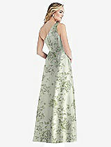 Rear View Thumbnail - Cottage Rose Sage Pleated Draped One-Shoulder Floral Satin Gown with Pockets