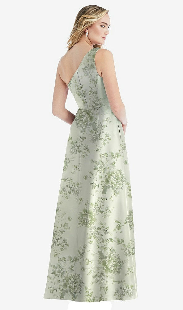 Back View - Cottage Rose Sage Pleated Draped One-Shoulder Floral Satin Gown with Pockets