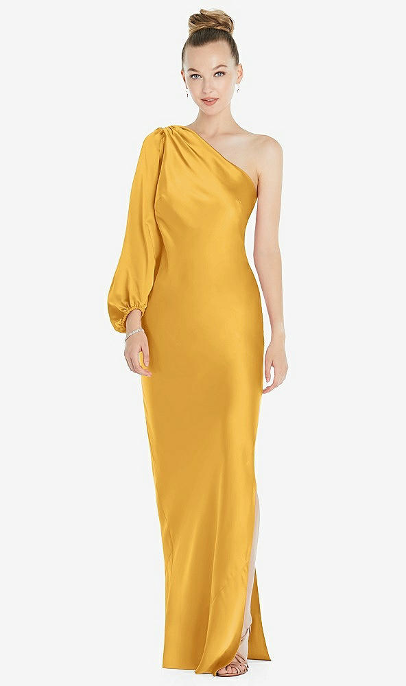 Front View - NYC Yellow One-Shoulder Puff Sleeve Maxi Bias Dress with Side Slit