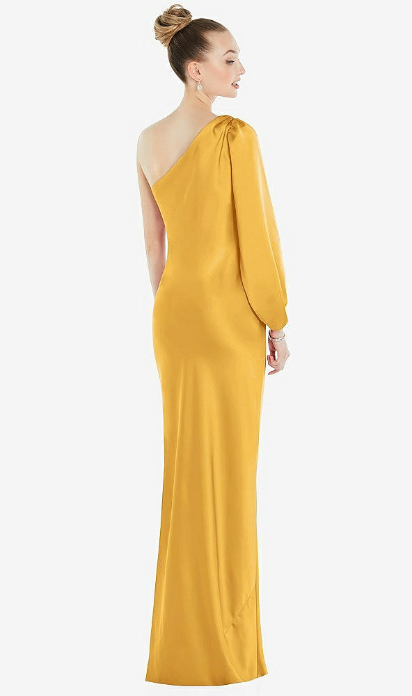 Back View - NYC Yellow One-Shoulder Puff Sleeve Maxi Bias Dress with Side Slit