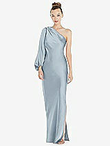 Front View Thumbnail - Mist One-Shoulder Puff Sleeve Maxi Bias Dress with Side Slit