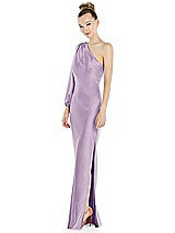 Side View Thumbnail - Pale Purple One-Shoulder Puff Sleeve Maxi Bias Dress with Side Slit