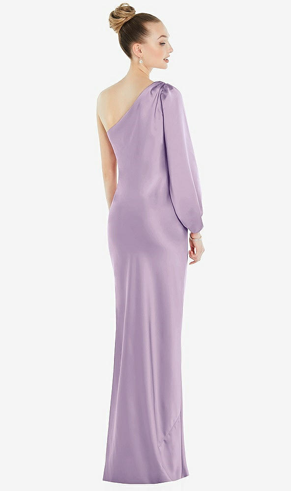 Back View - Pale Purple One-Shoulder Puff Sleeve Maxi Bias Dress with Side Slit