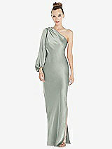 Front View Thumbnail - Willow Green One-Shoulder Puff Sleeve Maxi Bias Dress with Side Slit