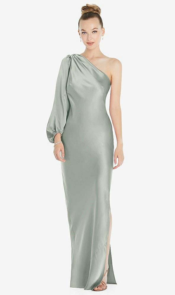 Front View - Willow Green One-Shoulder Puff Sleeve Maxi Bias Dress with Side Slit