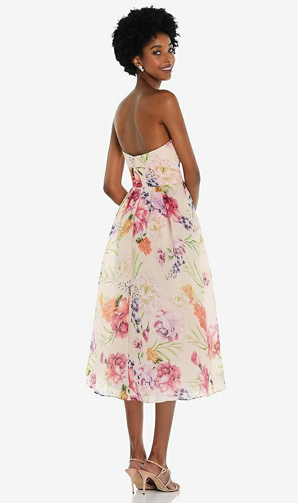 Back View - Penelope Floral Print Strapless Pink Floral Organdy Midi Dress