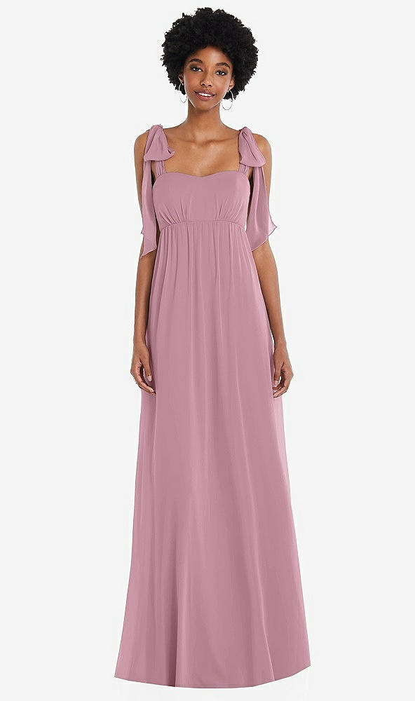 Front View - Dusty Pink Convertible Tie-Shoulder Empire Waist Maxi Dress