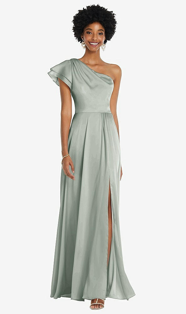 Front View - Willow Green Draped One-Shoulder Flutter Sleeve Maxi Dress with Front Slit