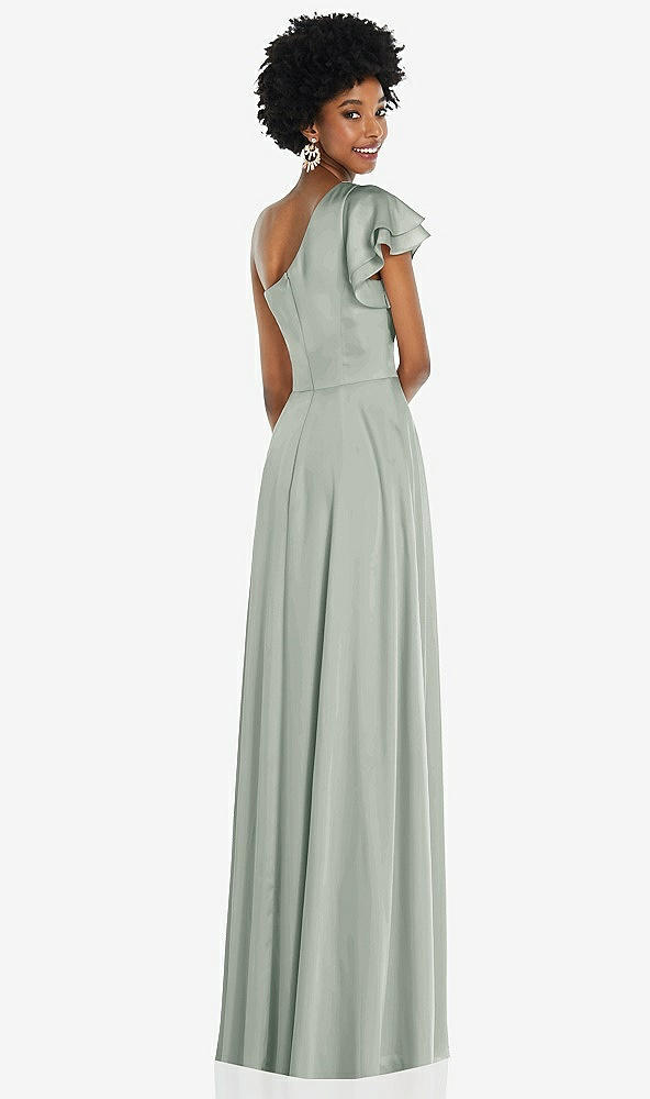 Back View - Willow Green Draped One-Shoulder Flutter Sleeve Maxi Dress with Front Slit