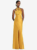 Front View Thumbnail - NYC Yellow Scarf Tie Stand Collar Maxi Dress with Front Slit