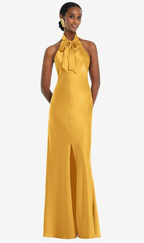 Front View - NYC Yellow Scarf Tie Stand Collar Maxi Dress with Front Slit