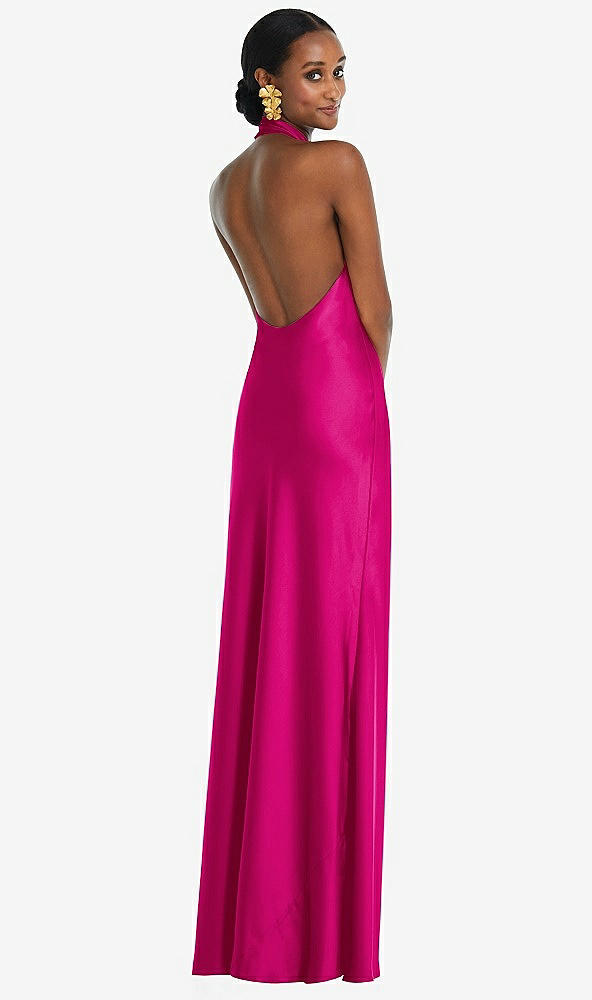 Back View - Think Pink Scarf Tie Stand Collar Maxi Dress with Front Slit