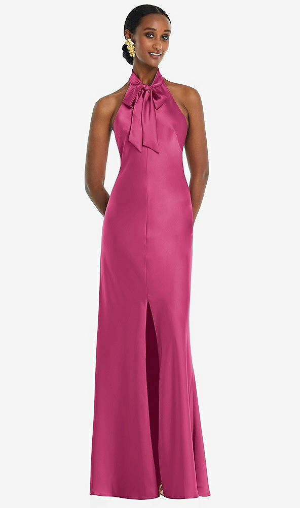 Front View - Tea Rose Scarf Tie Stand Collar Maxi Dress with Front Slit