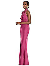 Side View Thumbnail - Tea Rose Scarf Tie Stand Collar Maxi Dress with Front Slit