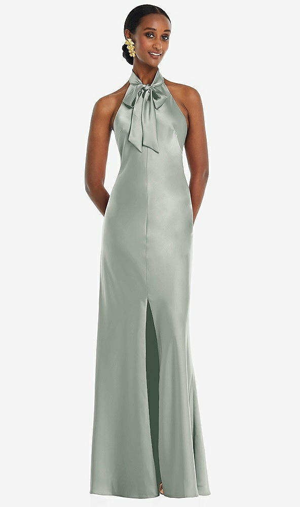Front View - Willow Green Scarf Tie Stand Collar Maxi Dress with Front Slit