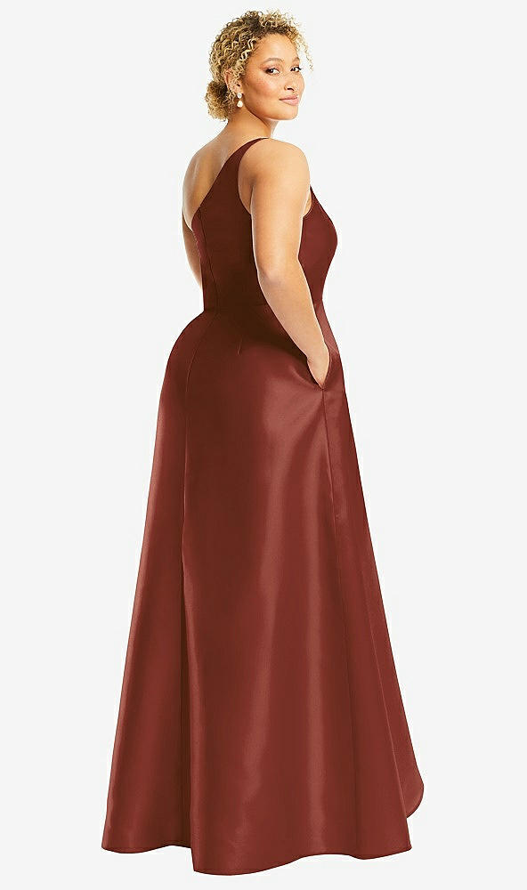 Back View - Auburn Moon One-Shoulder Satin Gown with Draped Front Slit and Pockets