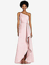 Alt View 1 Thumbnail - Ballet Pink One-Shoulder Satin Gown with Draped Front Slit and Pockets