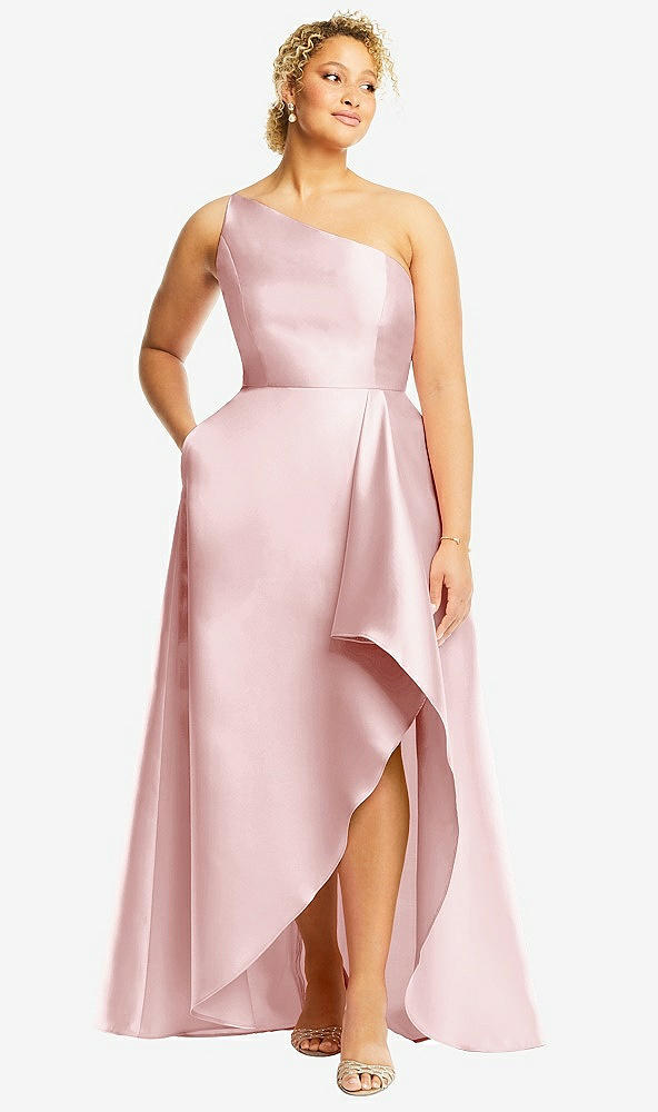 Front View - Ballet Pink One-Shoulder Satin Gown with Draped Front Slit and Pockets