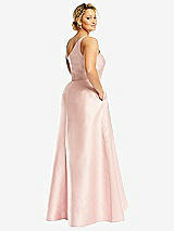 Rear View Thumbnail - French Blue One-Shoulder Satin Gown with Draped Front Slit and Pockets