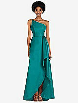 Alt View 1 Thumbnail - Jade One-Shoulder Satin Gown with Draped Front Slit and Pockets