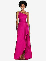 Alt View 1 Thumbnail - Think Pink One-Shoulder Satin Gown with Draped Front Slit and Pockets