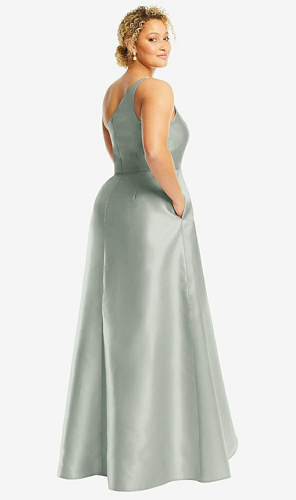 Back View - Willow Green One-Shoulder Satin Gown with Draped Front Slit and Pockets