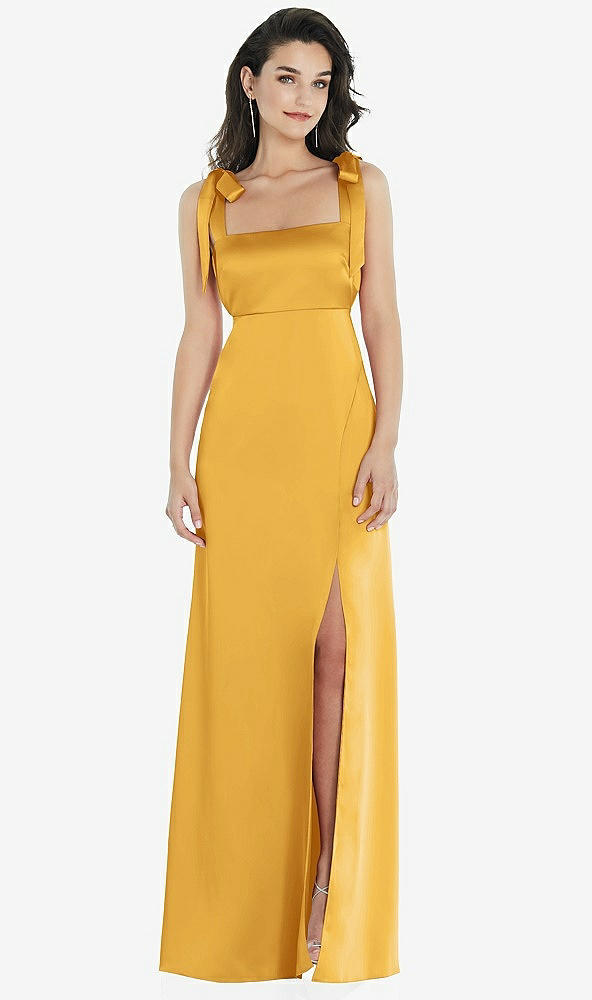Front View - NYC Yellow Flat Tie-Shoulder Empire Waist Maxi Dress with Front Slit