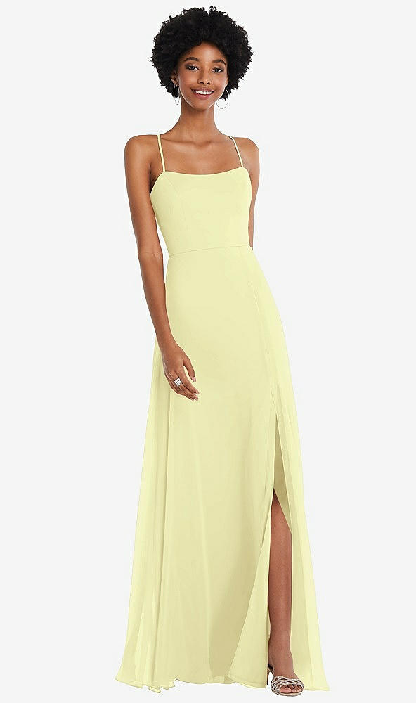 Front View - Butter Yellow Scoop Neck Convertible Tie-Strap Maxi Dress with Front Slit