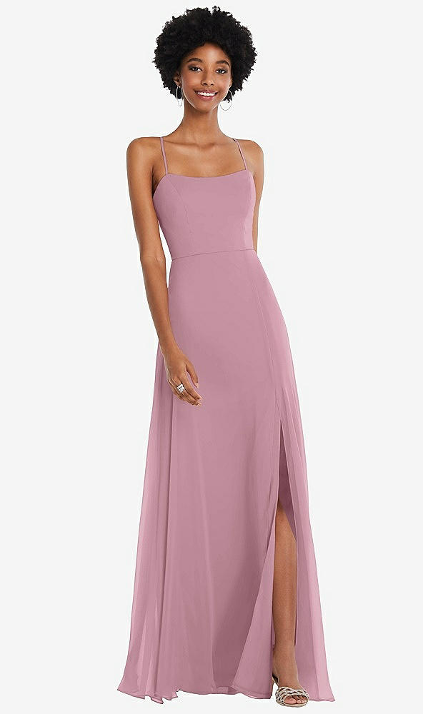 Front View - Dusty Pink Scoop Neck Convertible Tie-Strap Maxi Dress with Front Slit