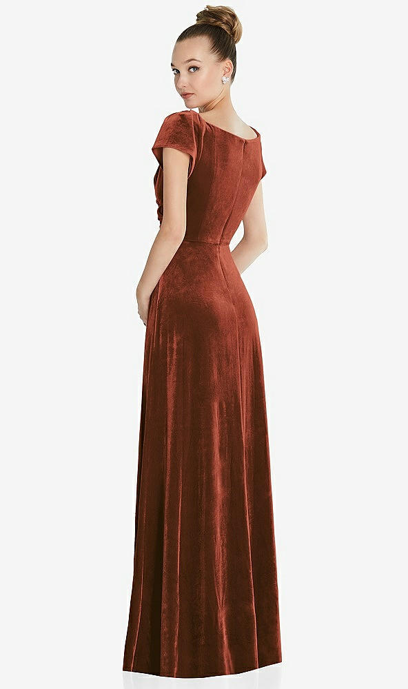 Back View - Auburn Moon Cap Sleeve Faux Wrap Velvet Maxi Dress with Pockets