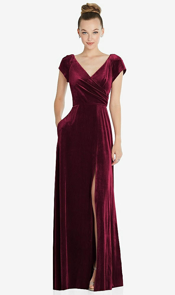 Front View - Cabernet Cap Sleeve Faux Wrap Velvet Maxi Dress with Pockets