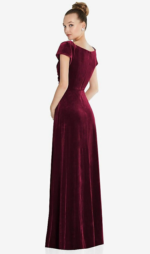 Back View - Cabernet Cap Sleeve Faux Wrap Velvet Maxi Dress with Pockets