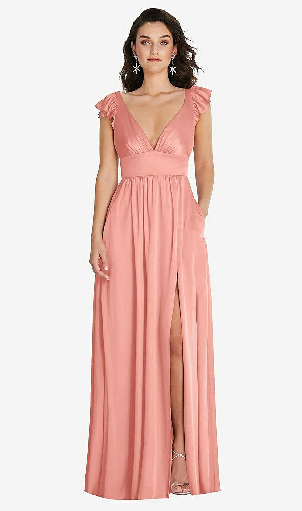 Front View - Rose - PANTONE Rose Quartz Deep V-Neck Ruffle Cap Sleeve Maxi Dress with Convertible Straps