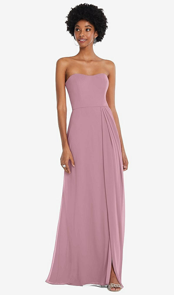 Front View - Dusty Pink Strapless Sweetheart Maxi Dress with Pleated Front Slit 