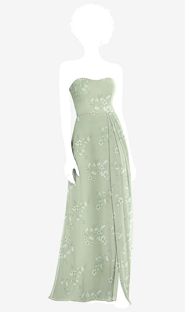 Front View - Vintage Primrose Sage Strapless Sweetheart Maxi Dress with Pleated Front Slit 