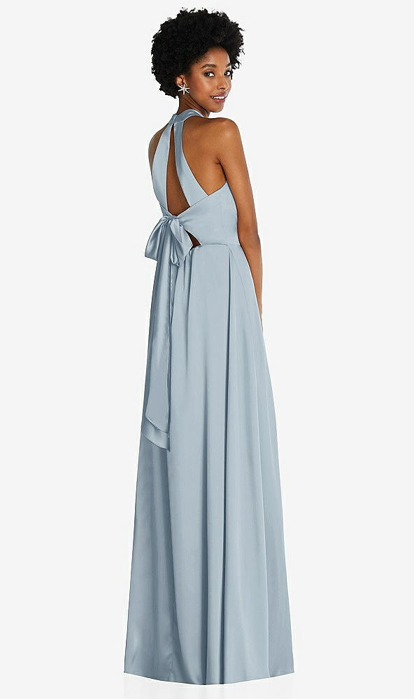 Back View - Mist Stand Collar Cutout Tie Back Maxi Dress with Front Slit