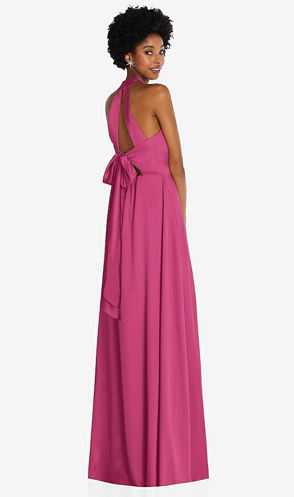 Back View - Tea Rose Stand Collar Cutout Tie Back Maxi Dress with Front Slit