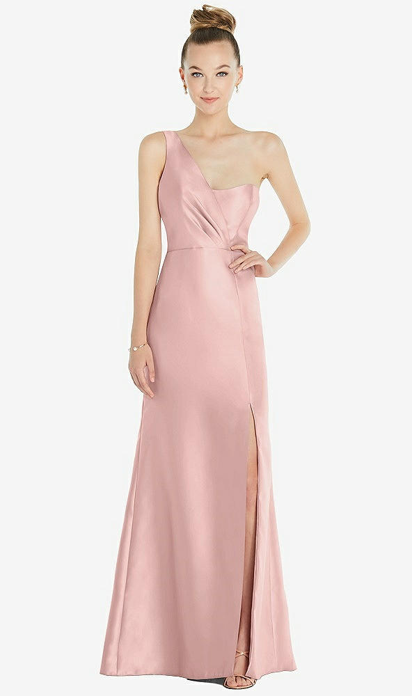 Front View - Rose - PANTONE Rose Quartz Draped One-Shoulder Satin Trumpet Gown with Front Slit