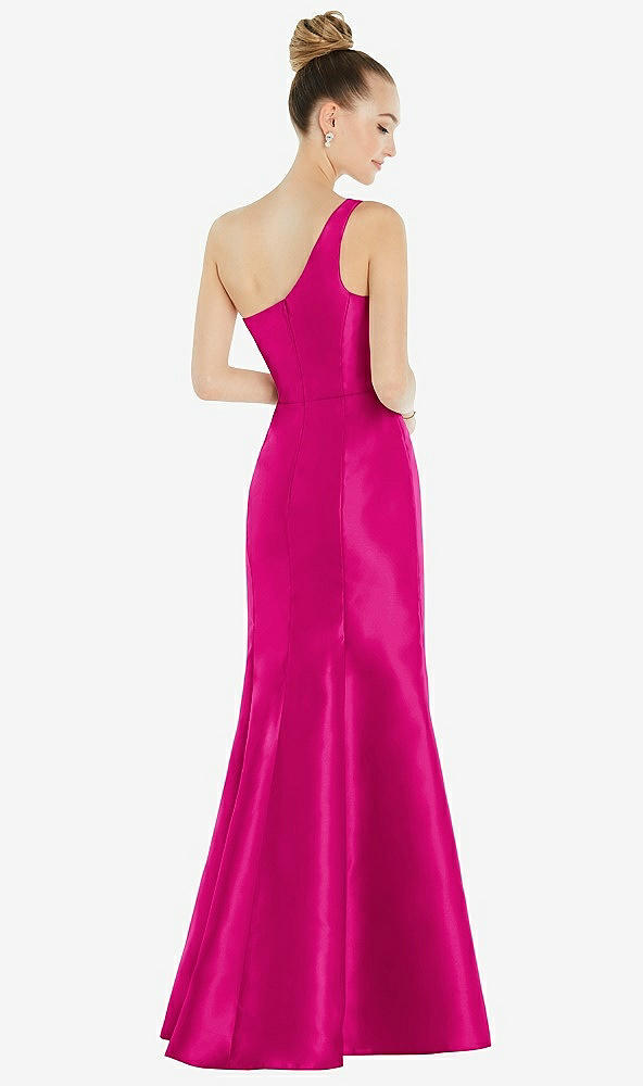 Back View - Think Pink Draped One-Shoulder Satin Trumpet Gown with Front Slit
