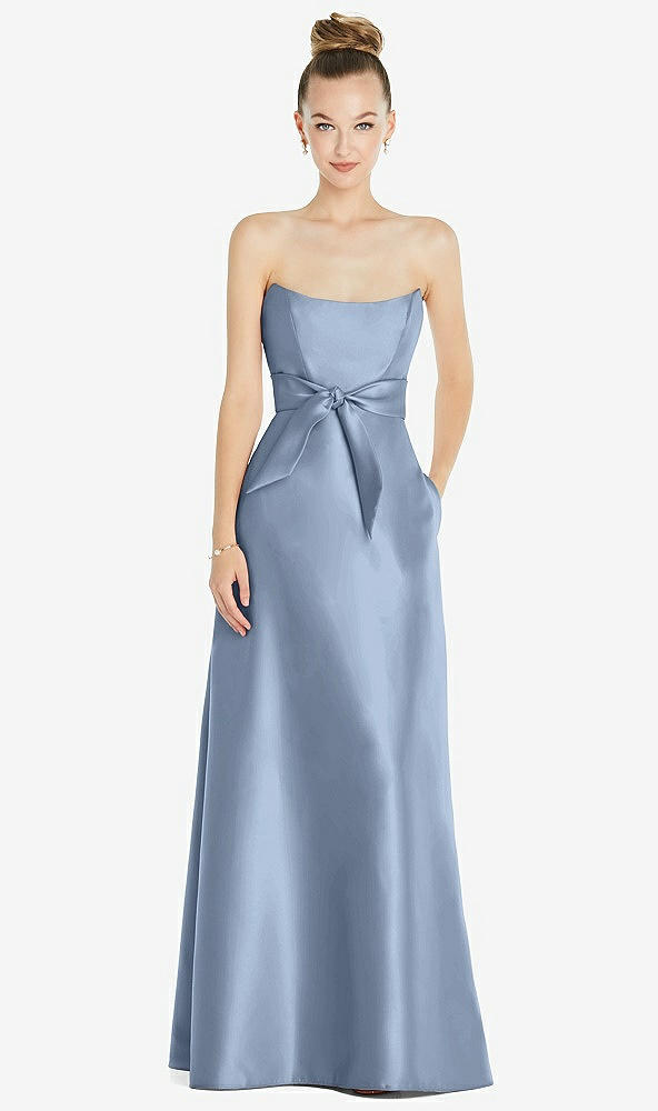 Front View - Cloudy Basque-Neck Strapless Satin Gown with Mini Sash