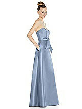 Side View Thumbnail - Cloudy Basque-Neck Strapless Satin Gown with Mini Sash