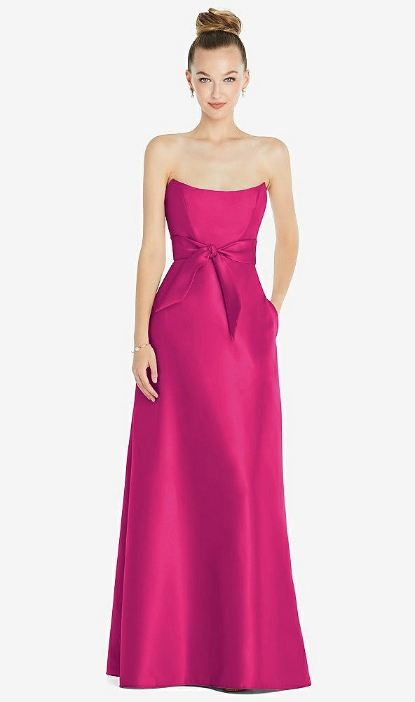Front View - Think Pink Basque-Neck Strapless Satin Gown with Mini Sash